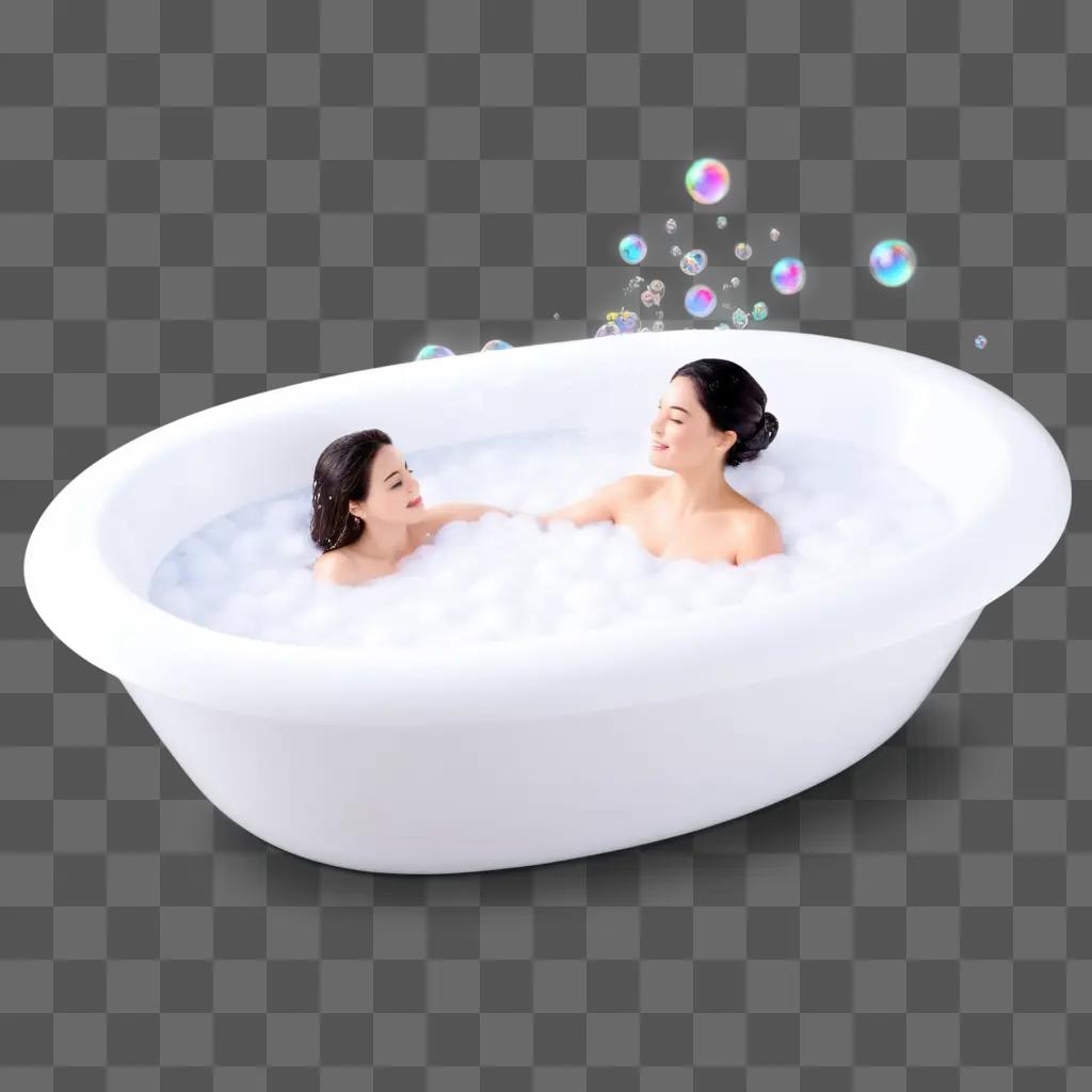 Two women in a bath with bubbles around them