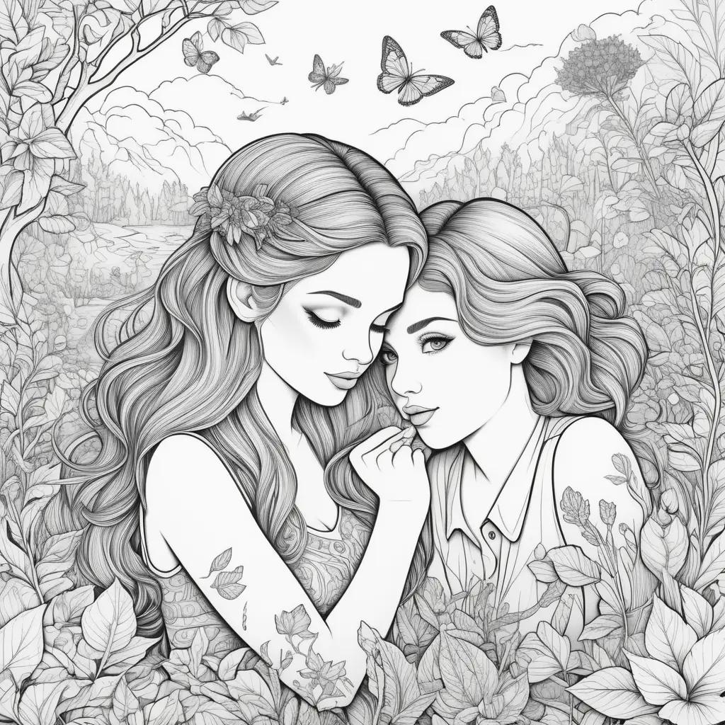 Two women in a field of flowers coloring together