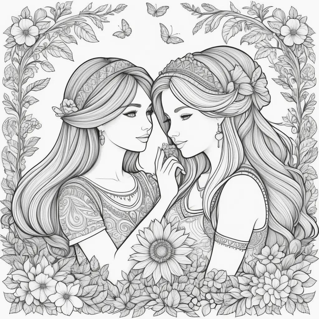 Two women in a floral frame with friendship coloring pages