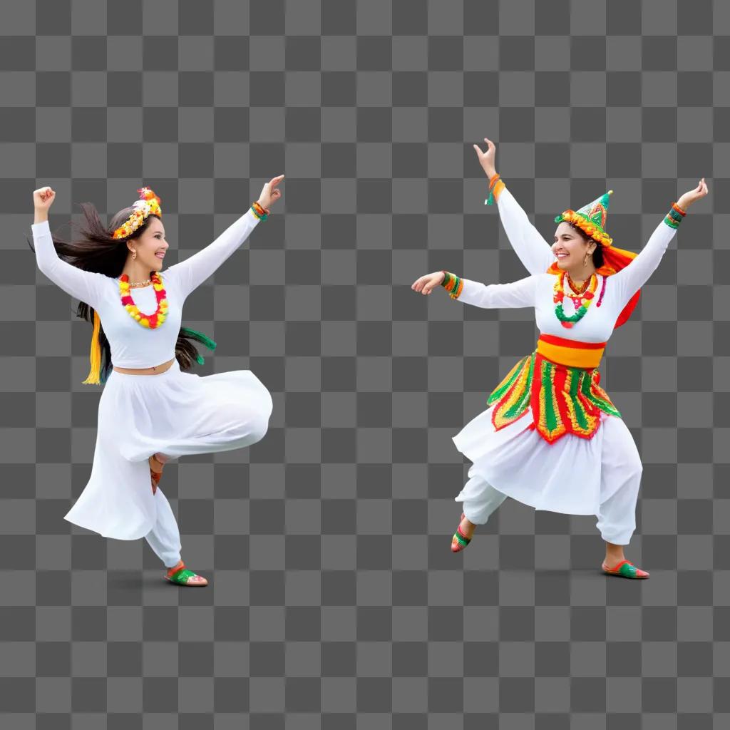 Two women in colorful costumes dance at a festival