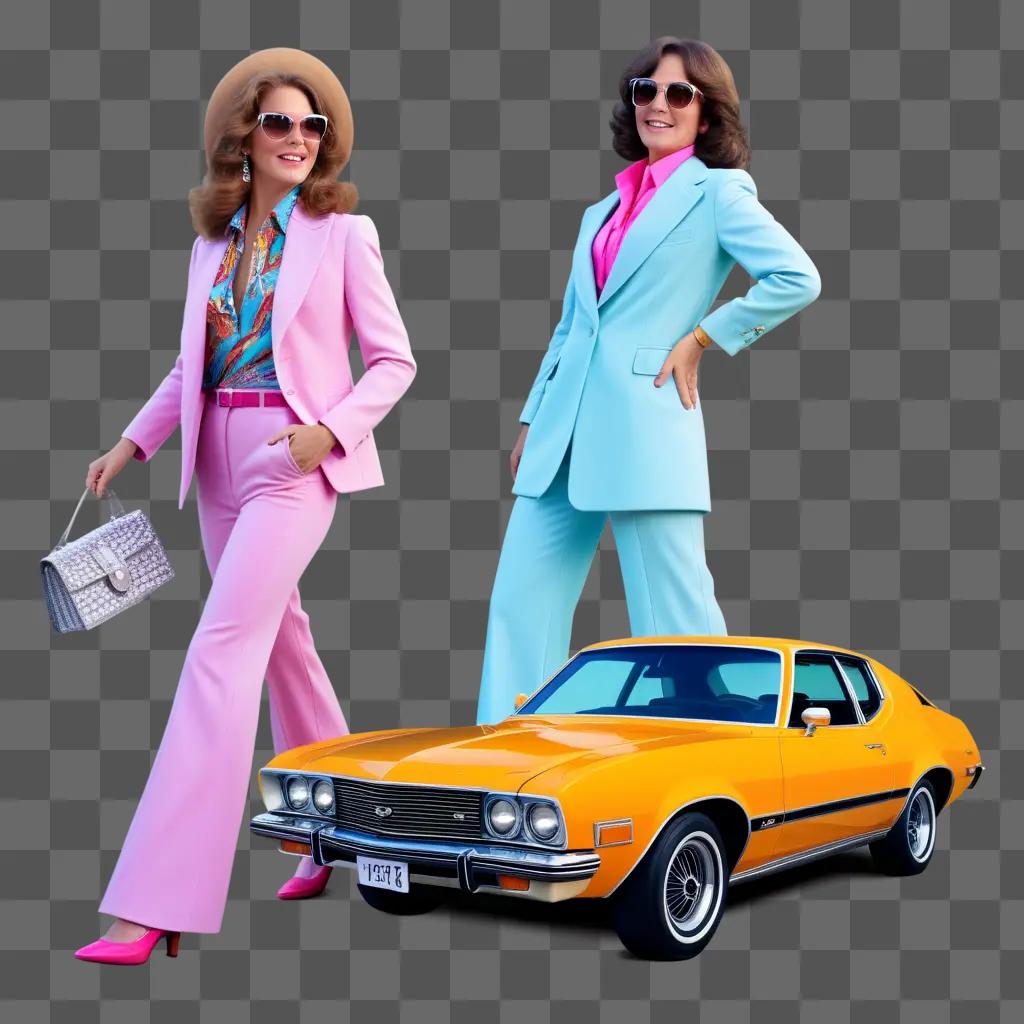 Two women in pink suits stand next to a yellow car