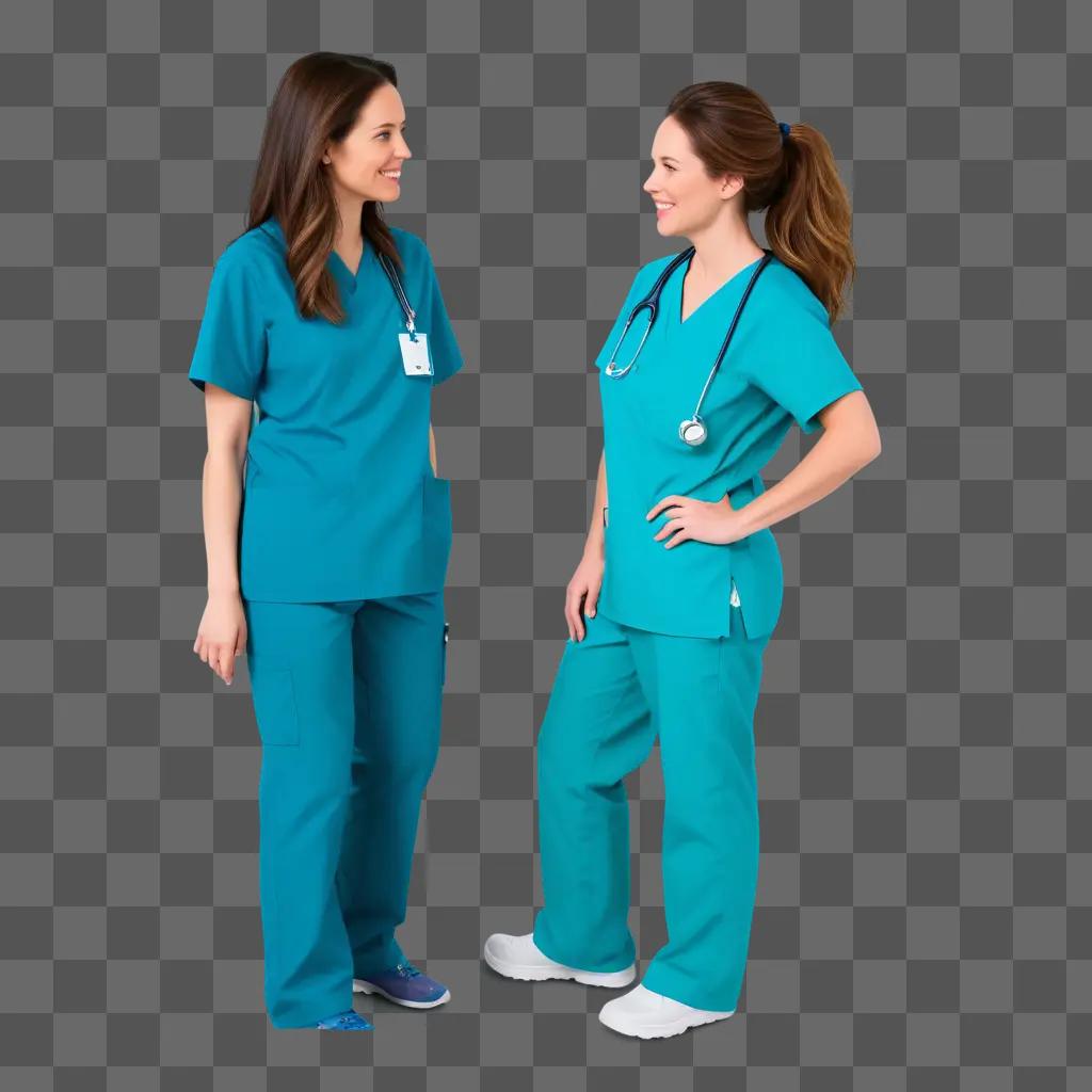 Two women in scrubs stand in a blue background