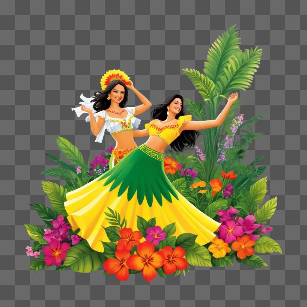 Two women in tropical dresses dance on green leaves