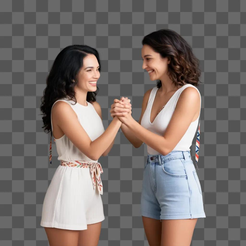 Two women in white embrace in a colorful setting