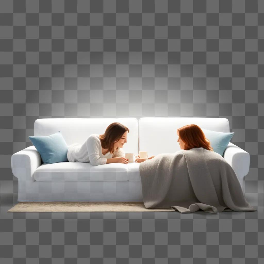 Two women on couch having a drink