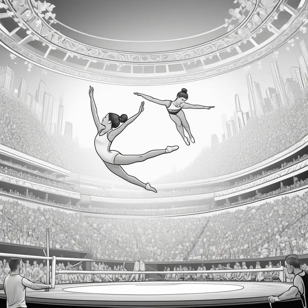 Two women perform on a gymnastics round in a crowd