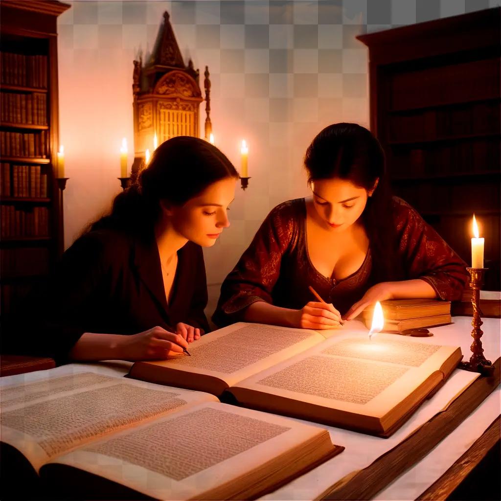 Two women reading with lit candles in the background