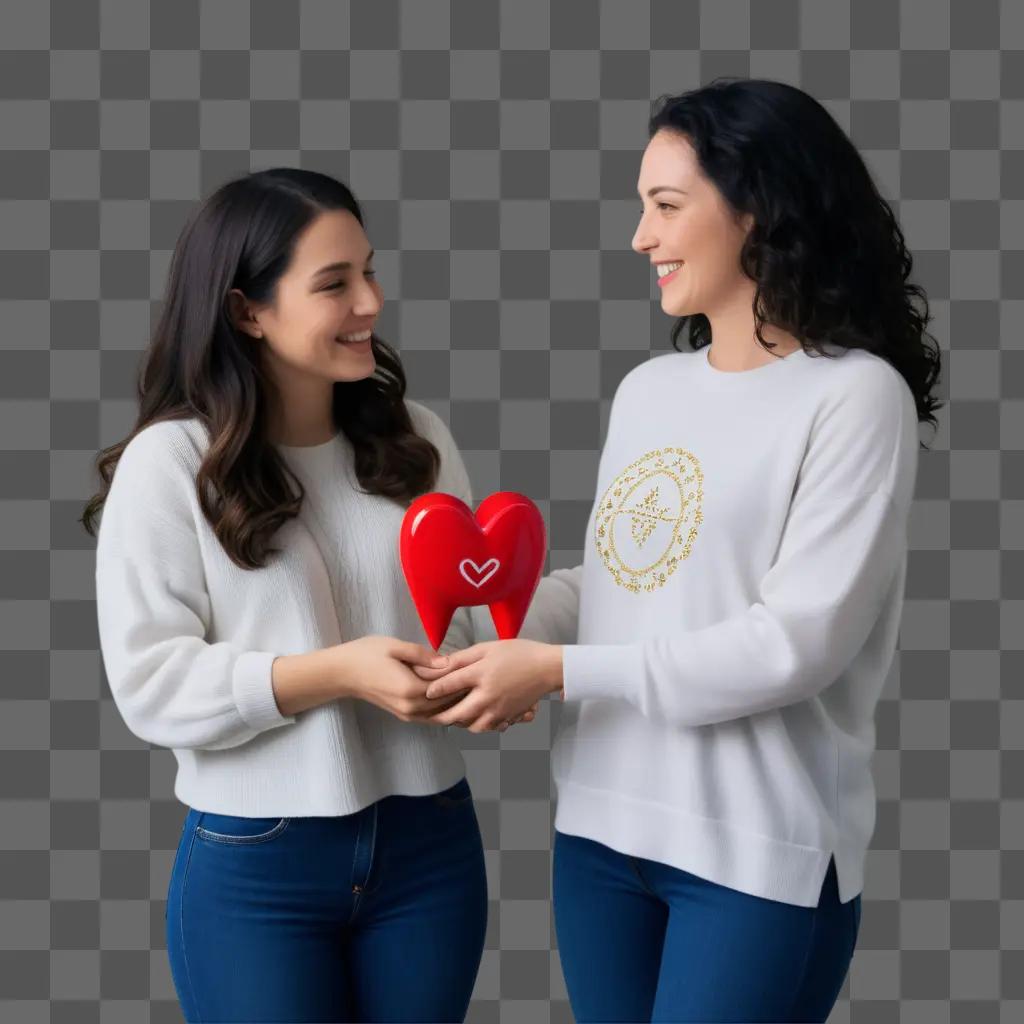 Two women share a red heart on a white background