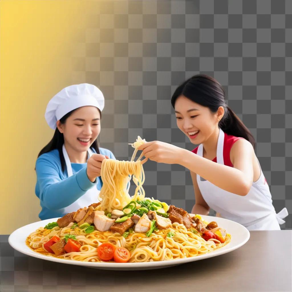 Two women sharing a plate of noodles and vegetables