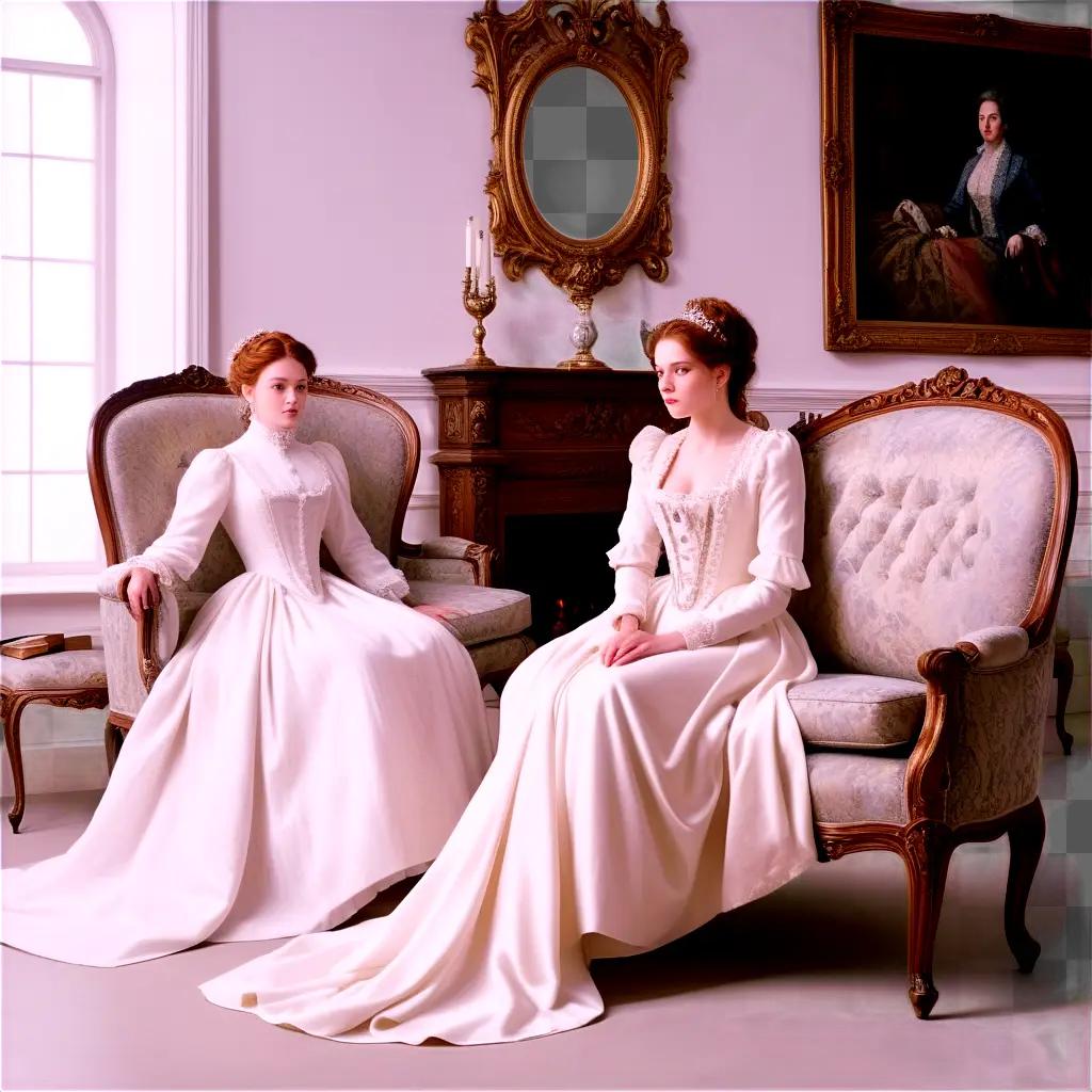 Two women sit in a grand room in a drama scene