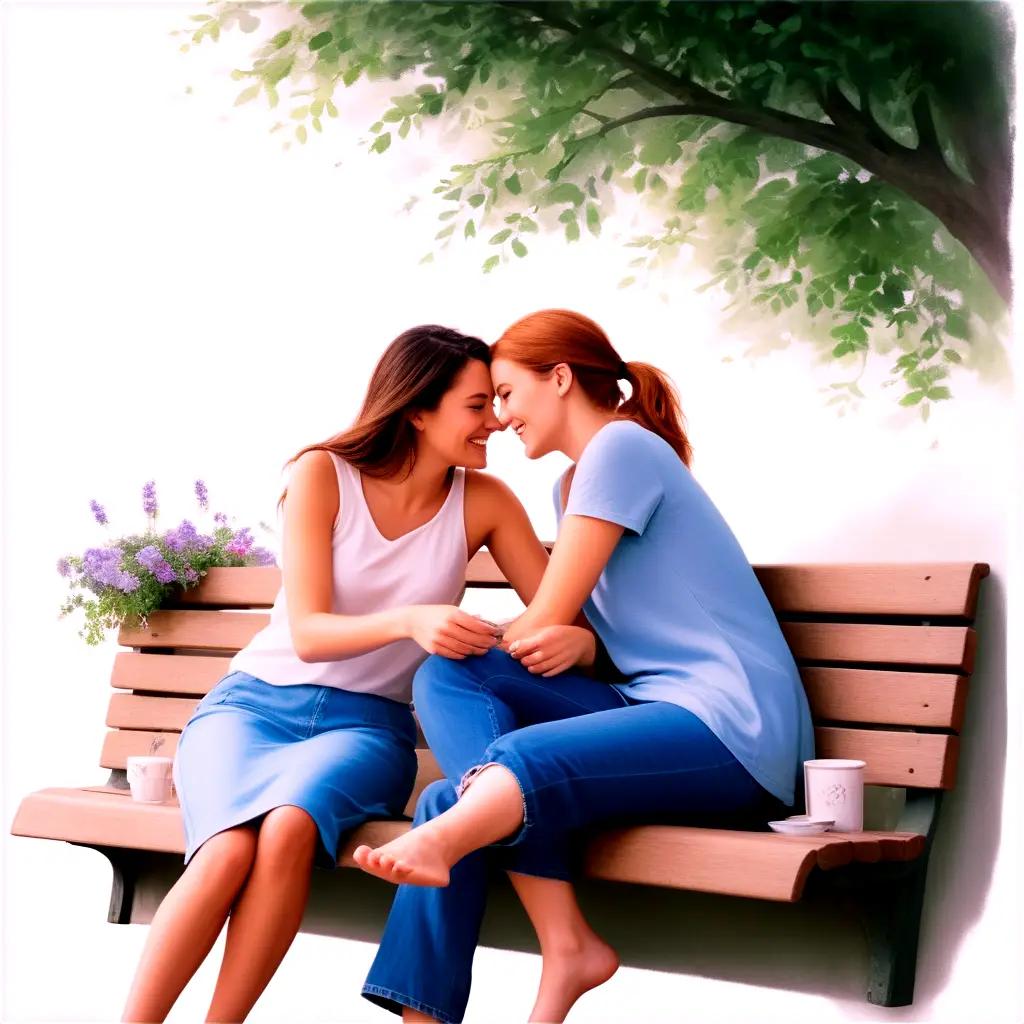 Two women sitting on a bench, sharing a moment together