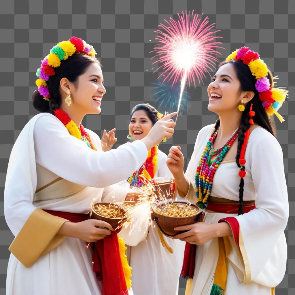 花火でお祝いの帽子をかぶった2人の女性がお祝いの花火で祝う