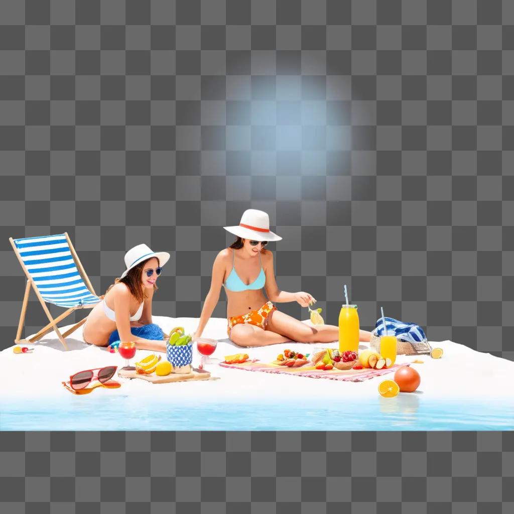 ビーチでピクニックを楽しむ帽子をかぶった2人の女性