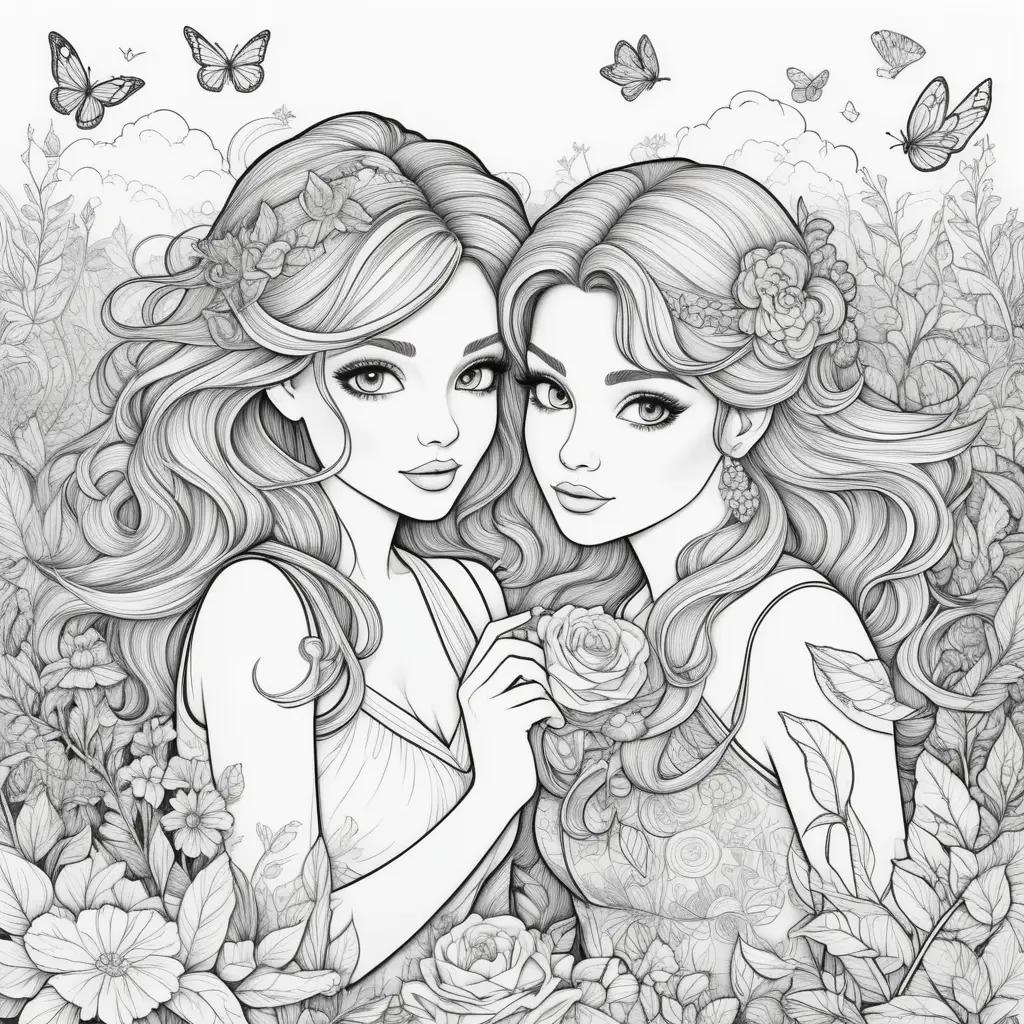 Two women with roses in a field of butterflies