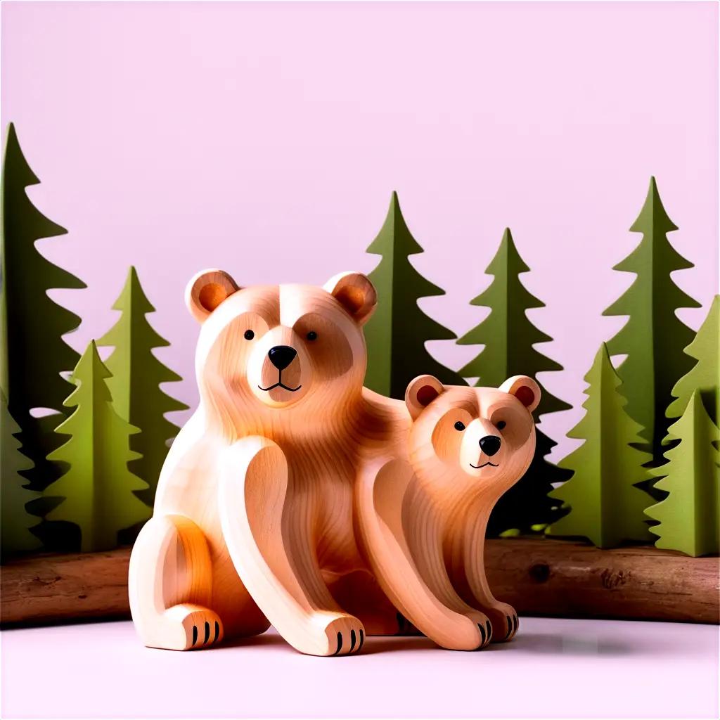 Two wooden bears in front of a forest scene