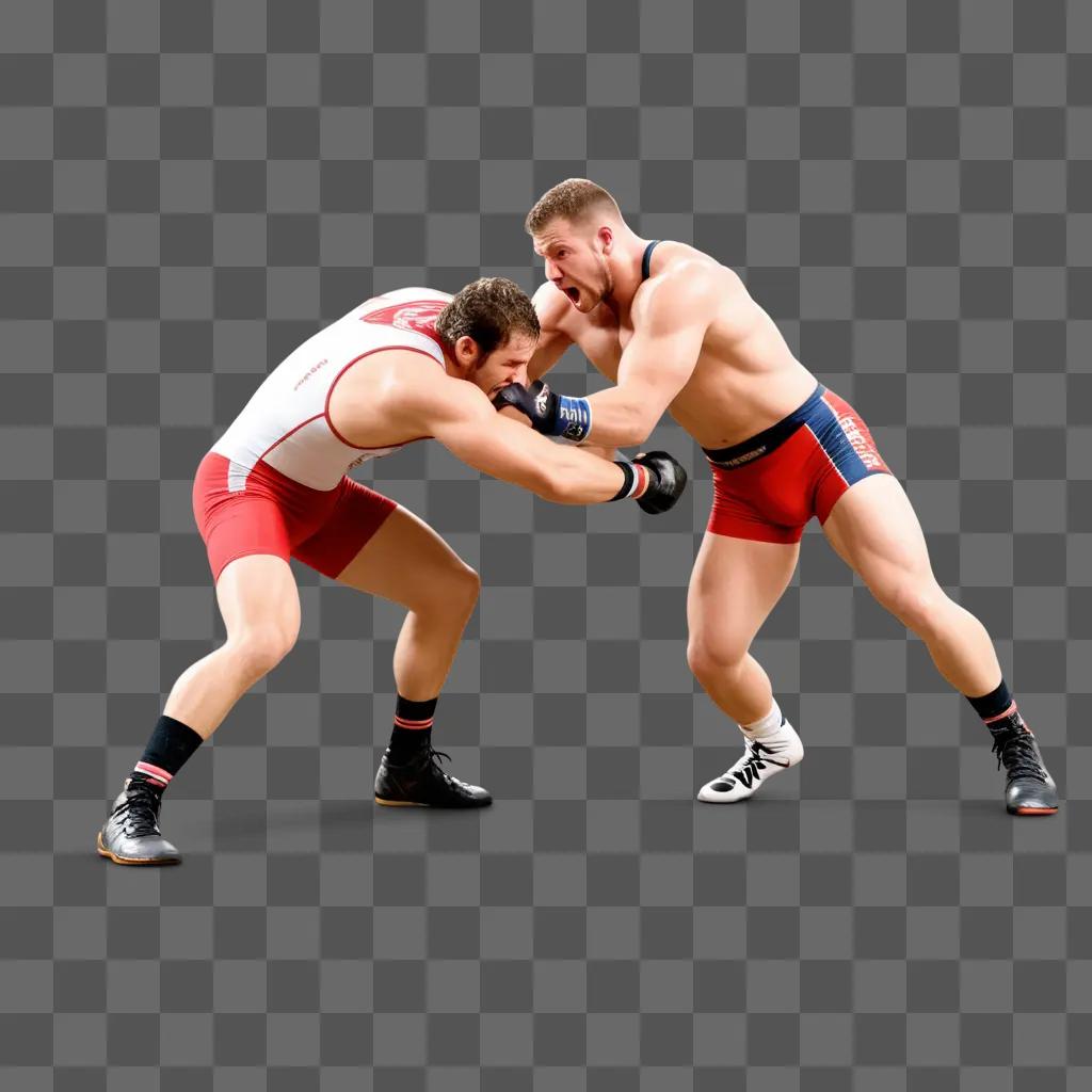 Two wrestlers in red and white wrestling with a hampster