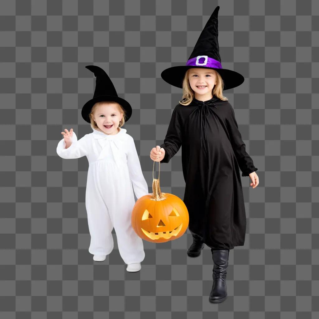 Two young girls dressed as witches hold a pumpkin