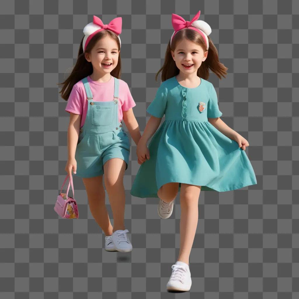 Two young sisters walk down a street in matching outfits