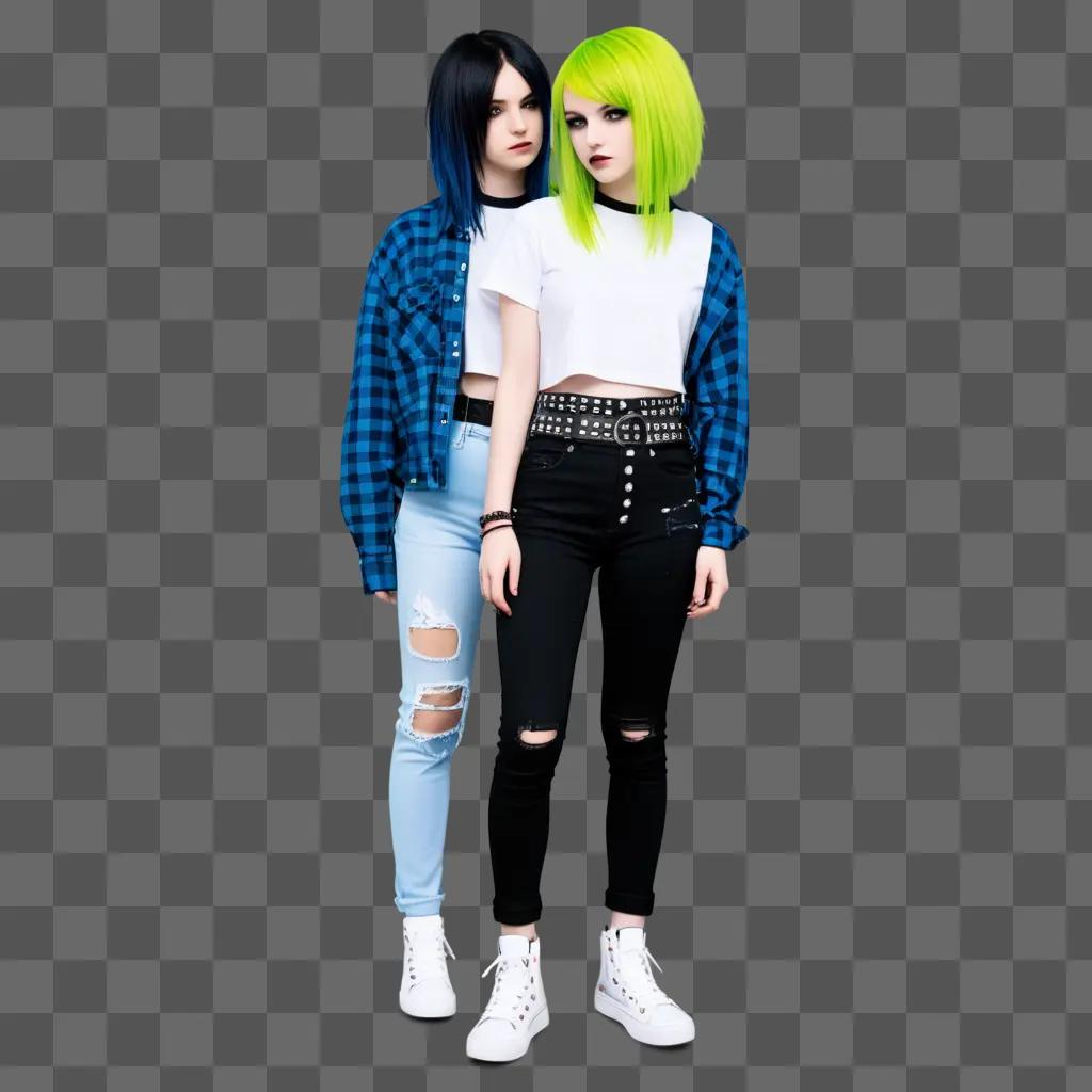 Two young women in emo clothes pose together