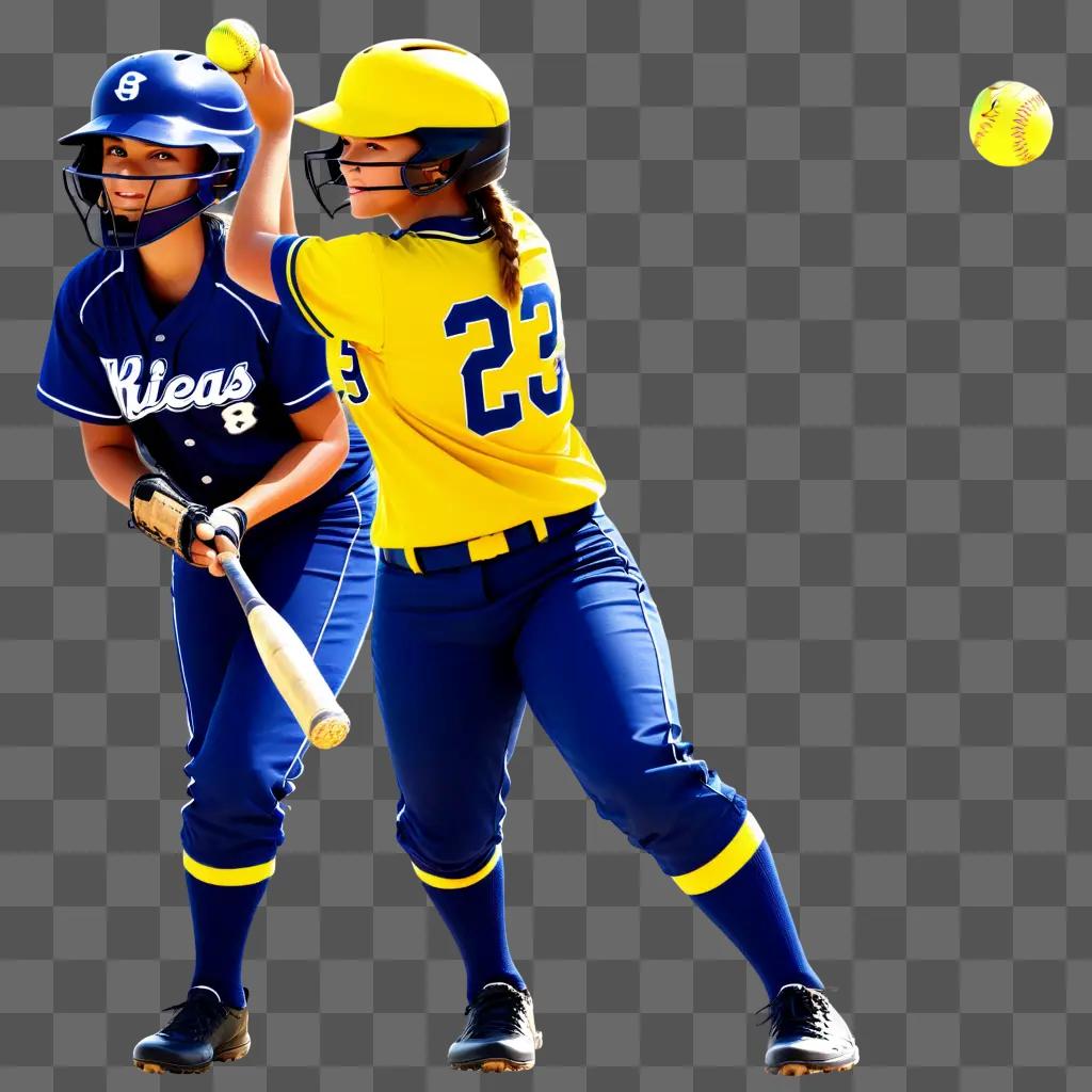 Two young women in softball uniforms