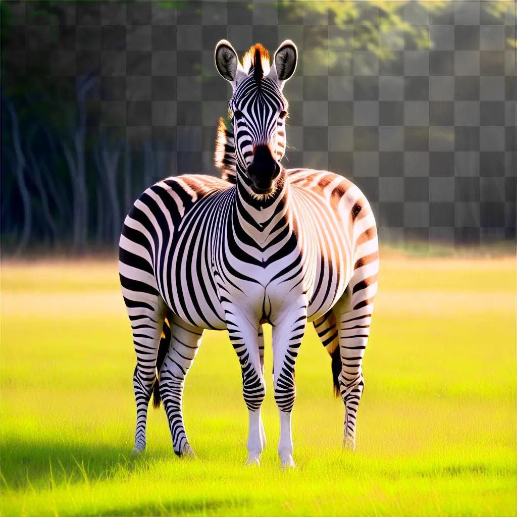 Two zebras standing on a grassy field with trees in the background