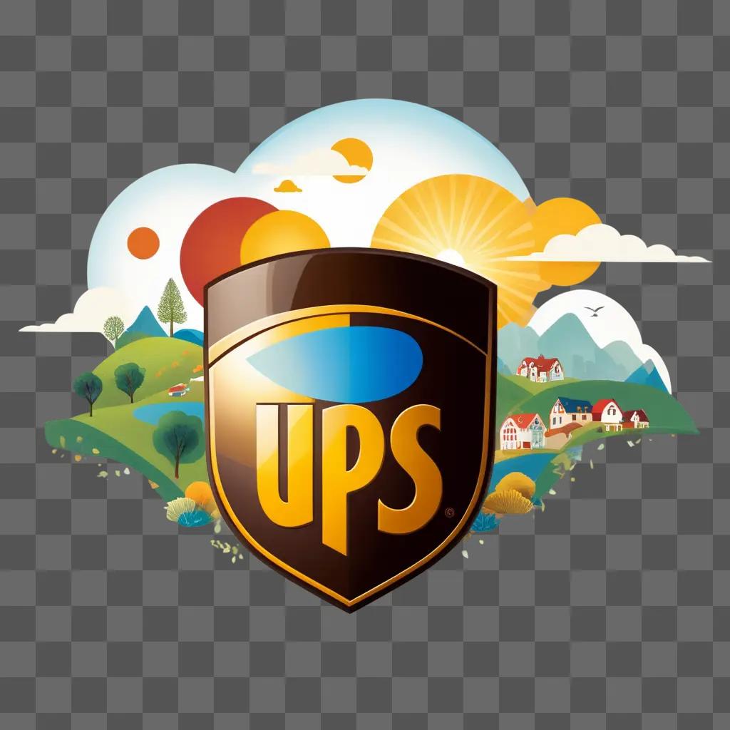 UPS logo with a sunny landscape