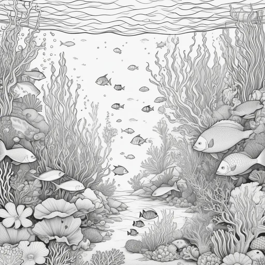 Under the Sea Coloring Pages: A Black and White Drawing of Fish and Coral