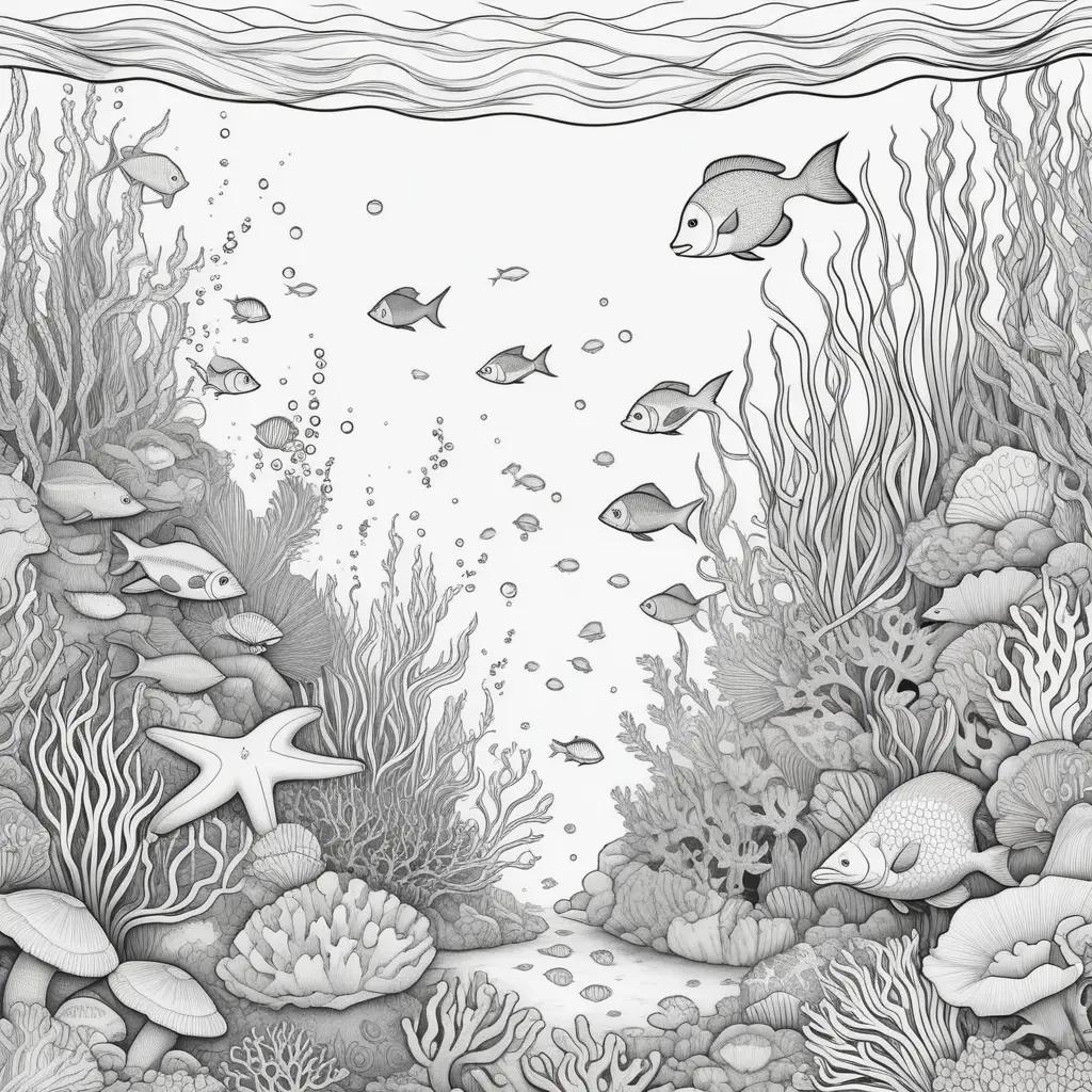 Under the Sea Coloring Pages: A Scenic Ocean Scene with Fish and Starfish