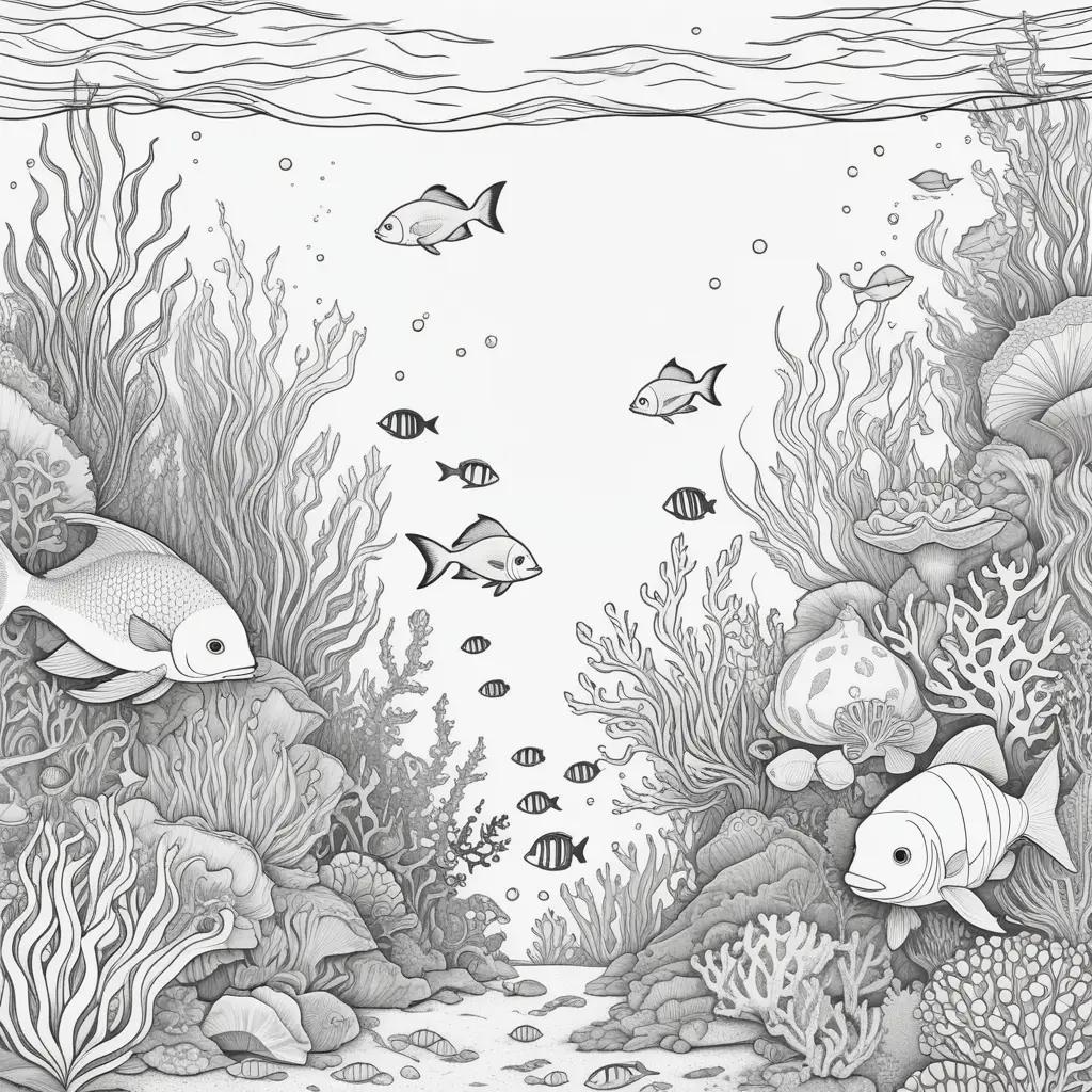 Under the sea coloring pages with fish and coral