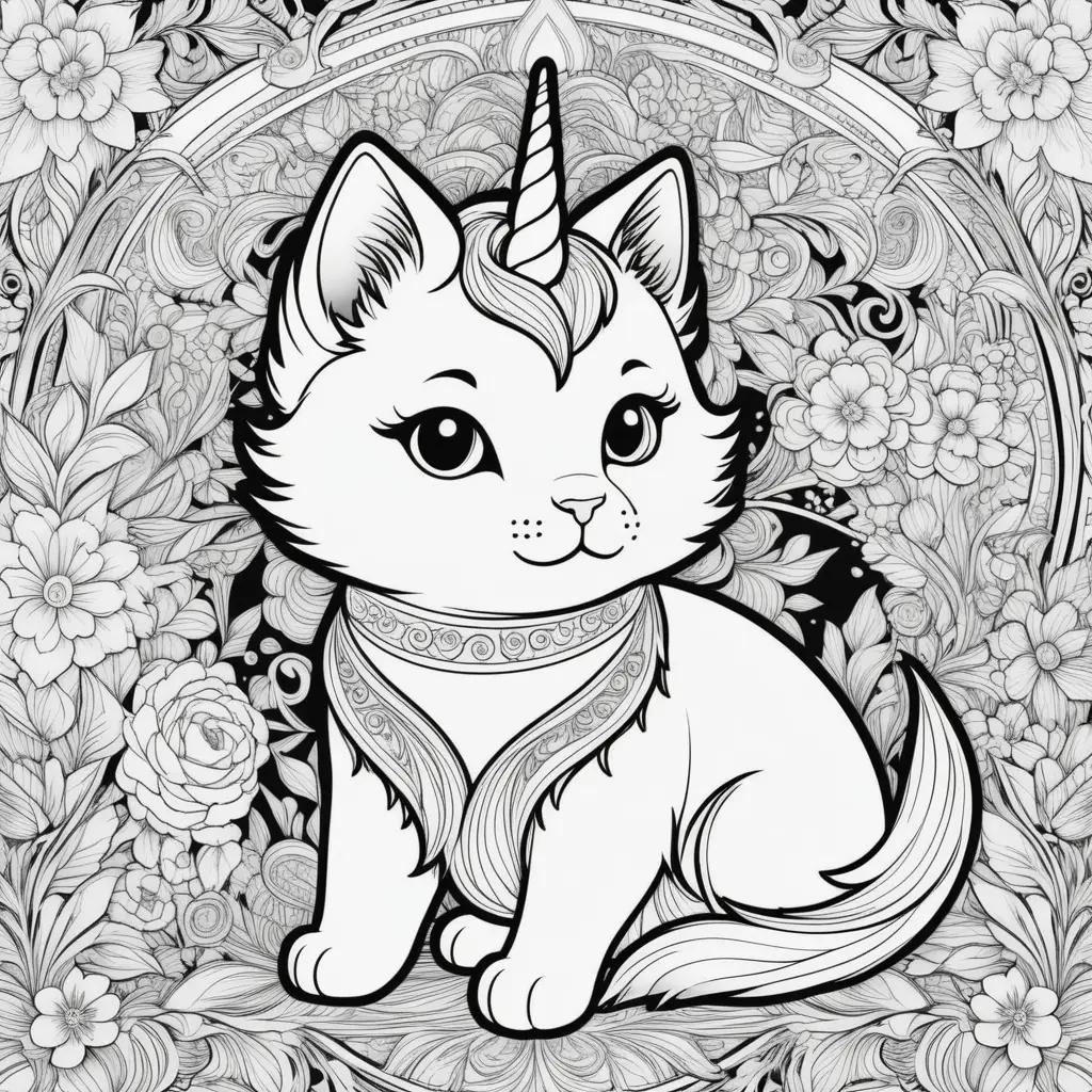 Unicorn Cat Coloring Pages with Floral Design