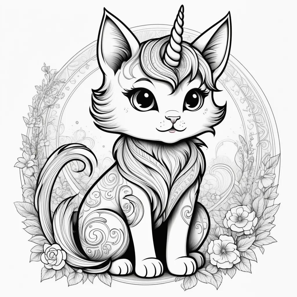 Unicorn cat coloring pages for kids with floral designs