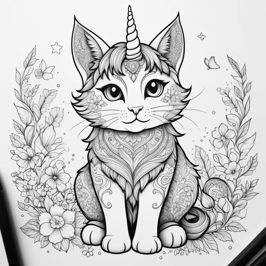 Unicorn cat coloring pages with intricate details