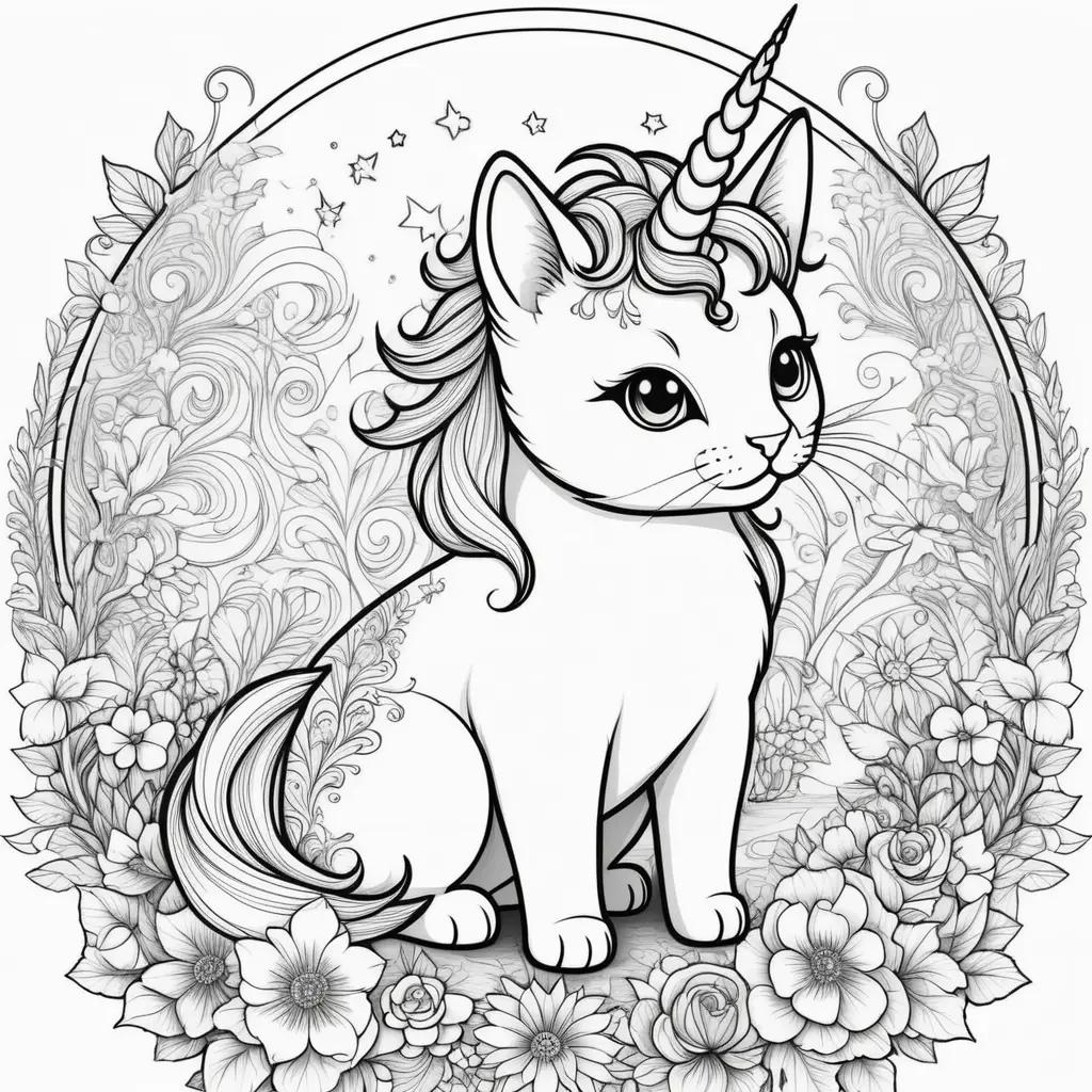 Unicorn cat coloring pages with stars and flowers