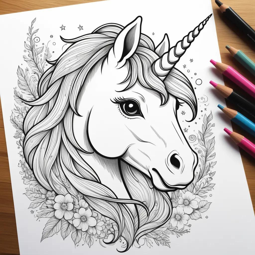 Unicorn coloring page with stars and flowers