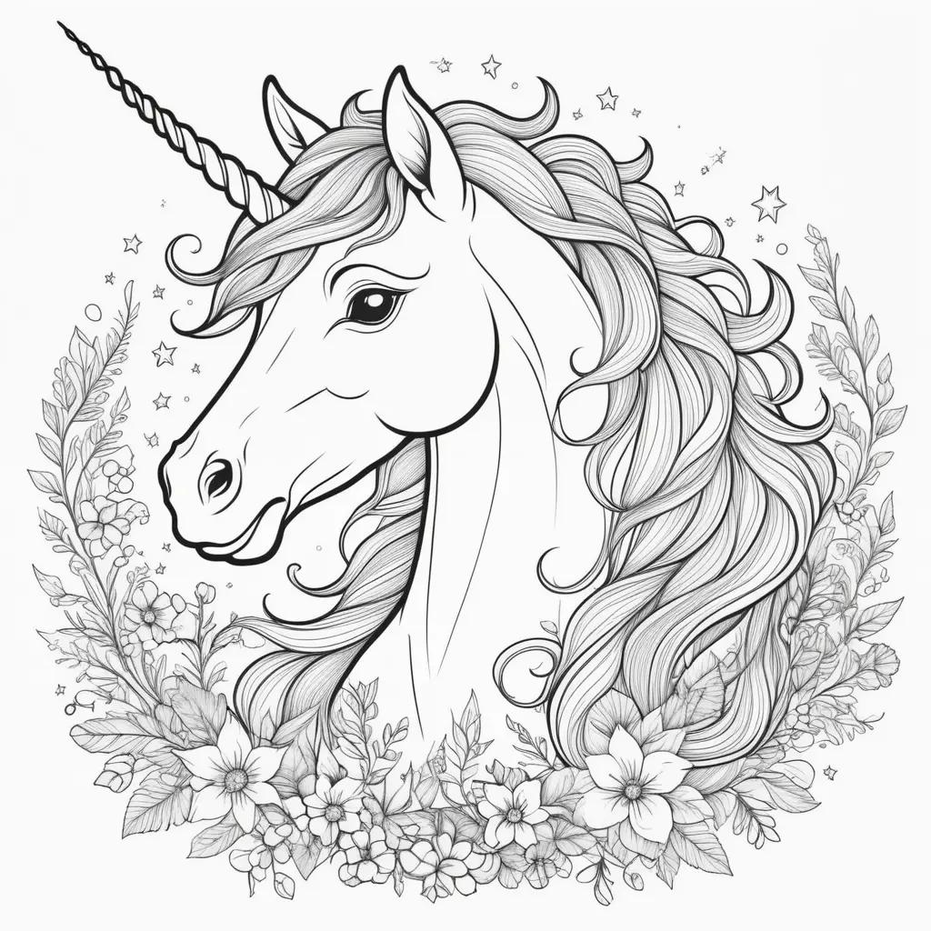 Unicorn coloring pages with stars, flowers, and a circle