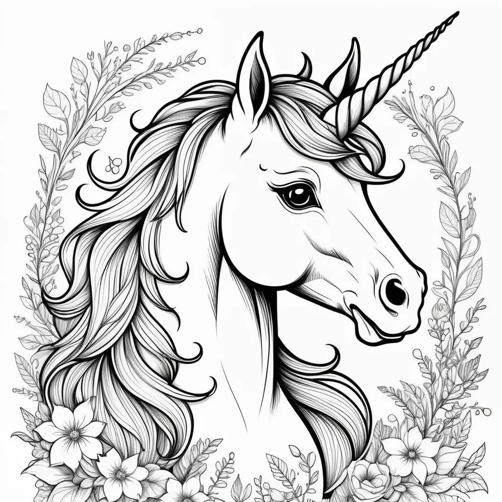 Unicorns Coloring Pages with Flowers and Leaves