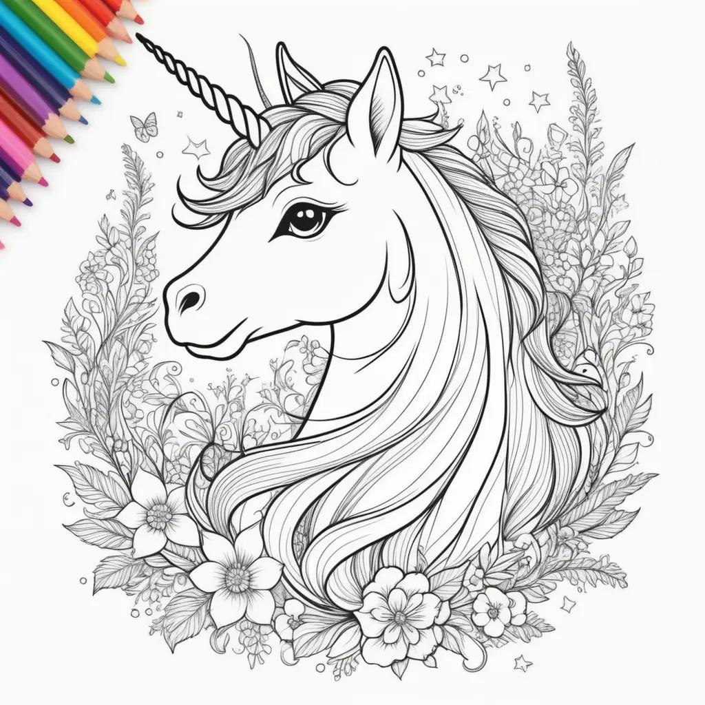 Unicorns and cats in a coloring page with stars