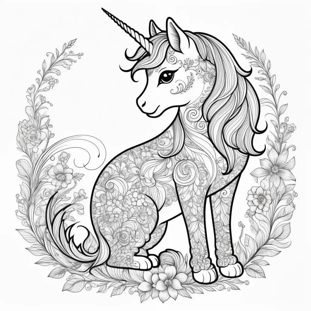 Unicorns and cats in a floral design coloring pages