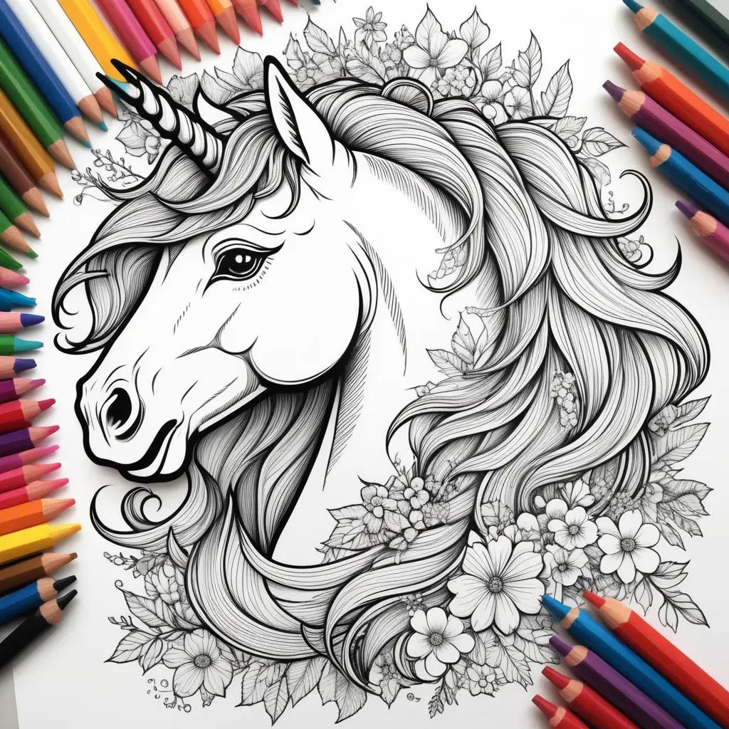 Unicorns and flowers in a colorful, black and white illustration