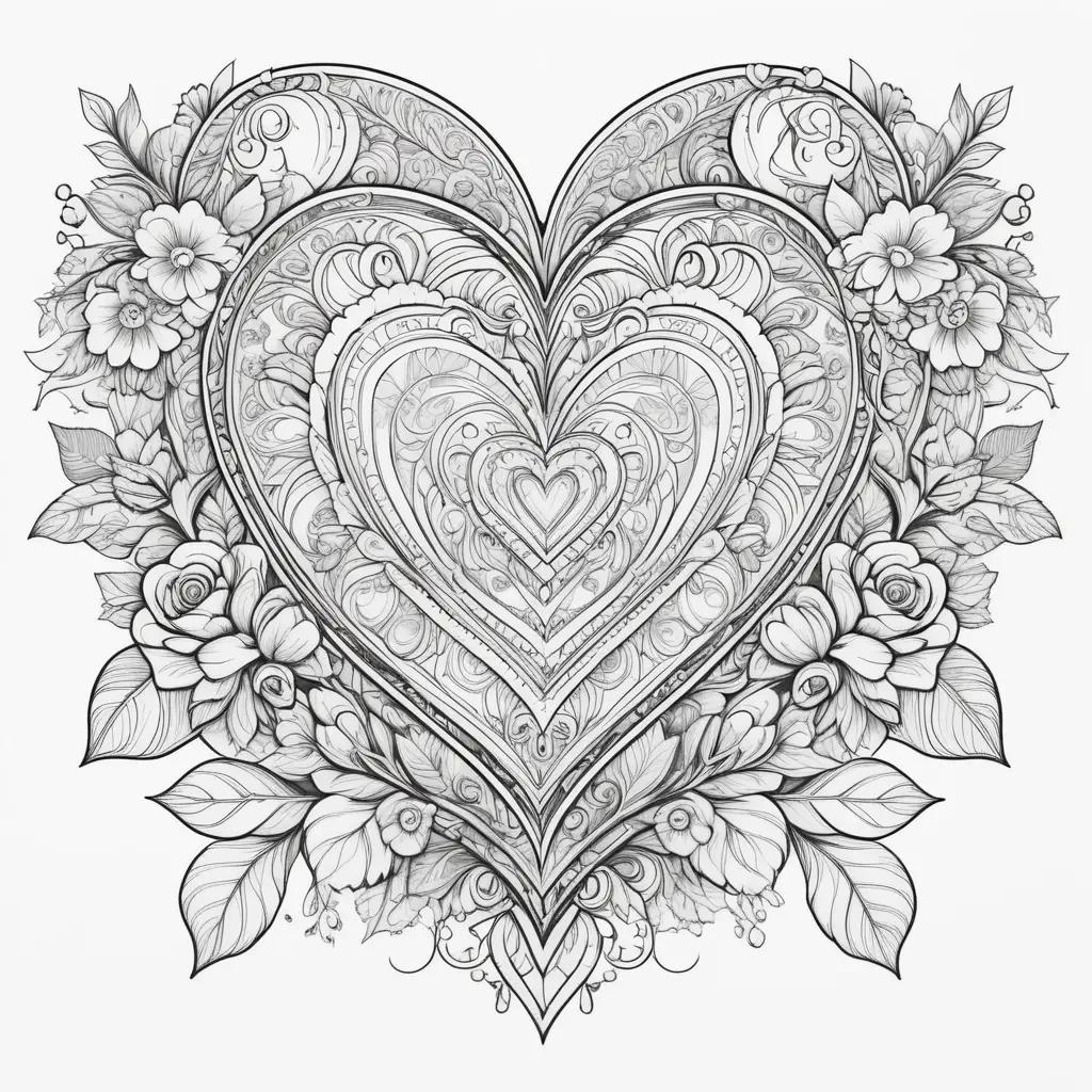 Valentine Day Coloring Pages: Heart with Flowers and Leaves