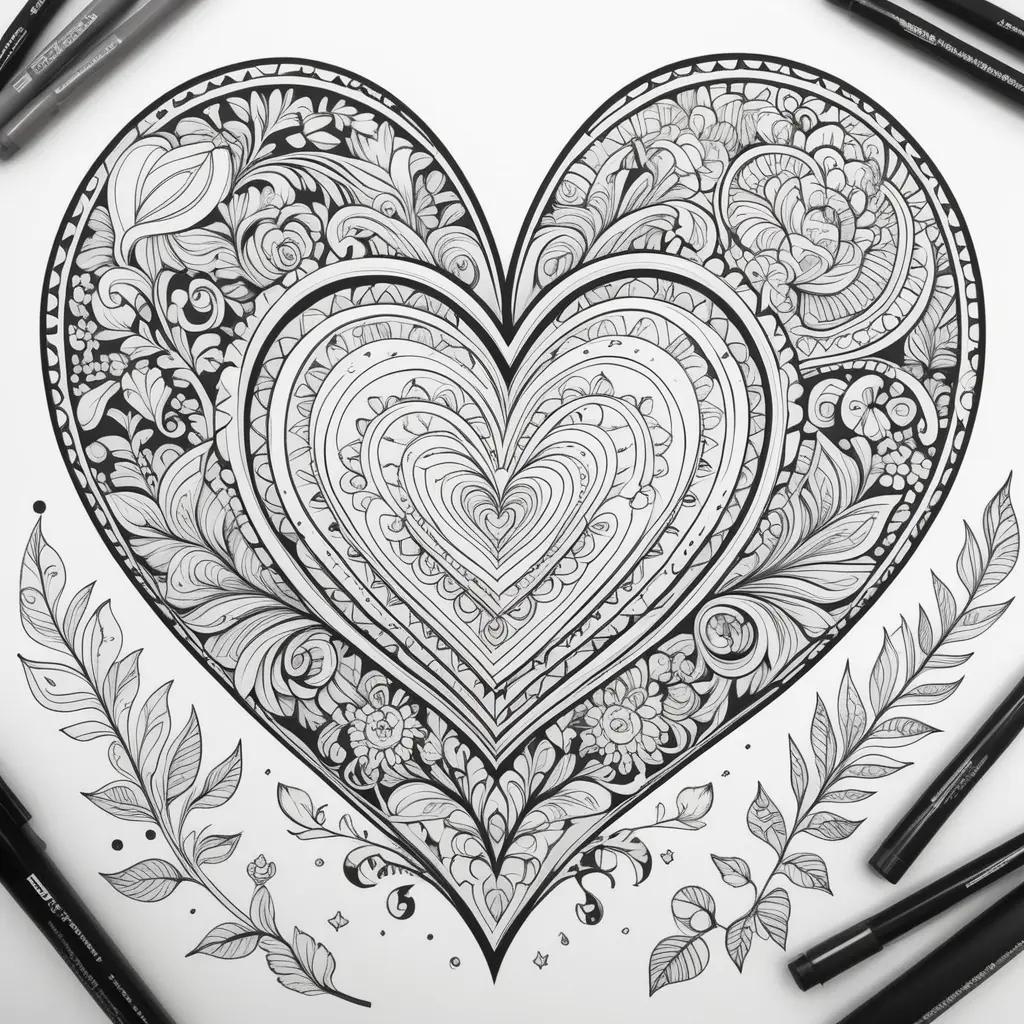 Valentine coloring page with a heart and floral designs