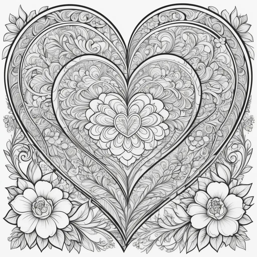 Valentine day coloring pages featuring a heart and flowers