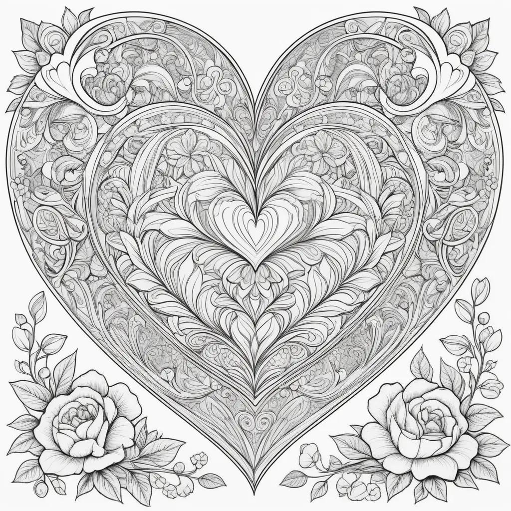 Valentines Day Coloring Pages Featuring a Heart and Flowers