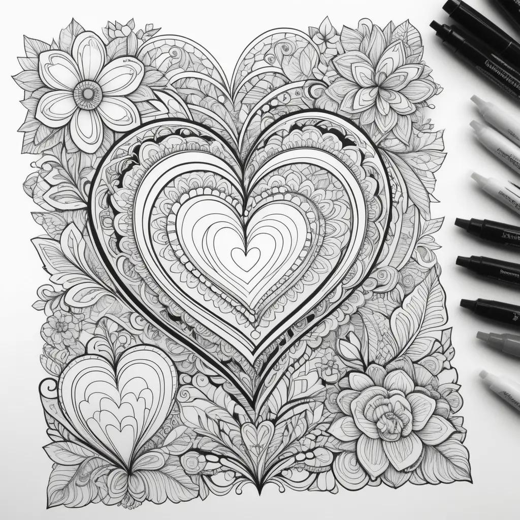 Valentines Day Coloring Pages with Flowers and Hearts