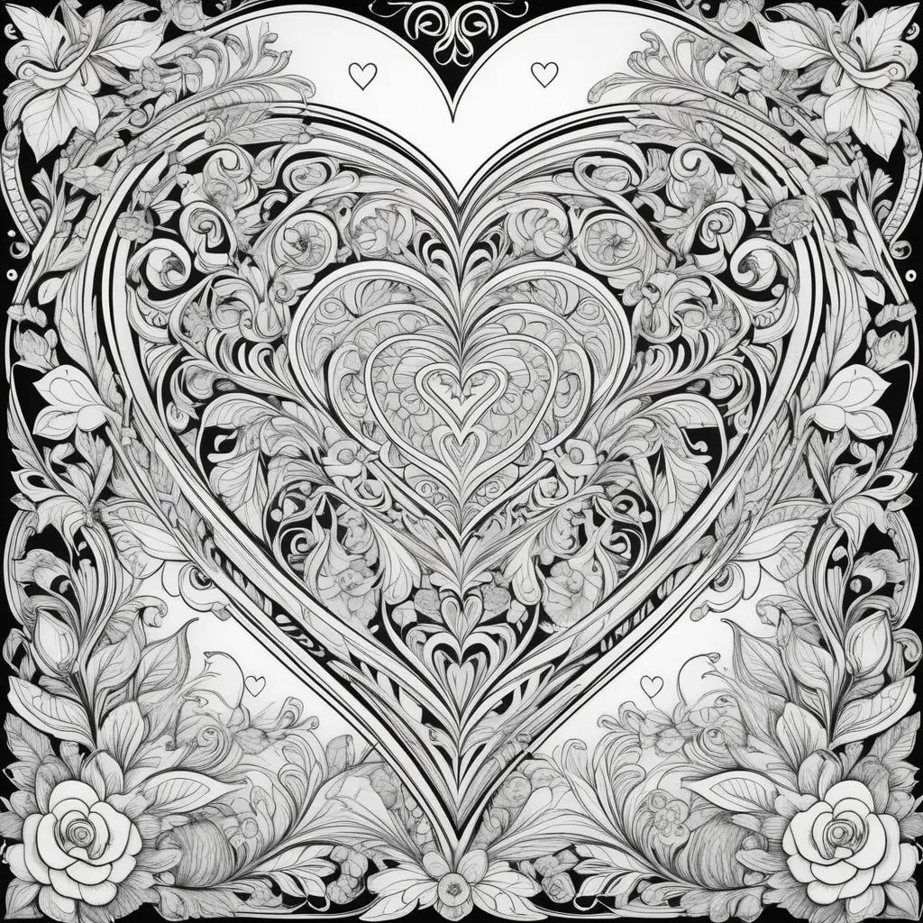 Valentines Day Coloring Pages with a Heart and Flowers