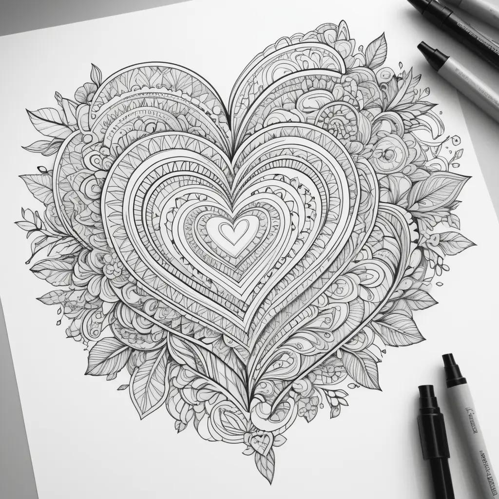 Valentines Day coloring page features a heart with intricate details