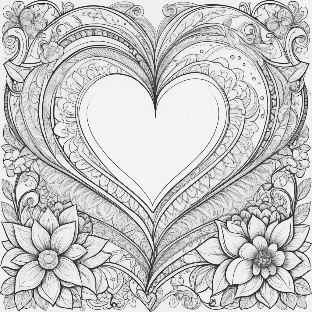 Valentines Day coloring page featuring a heart and flowers