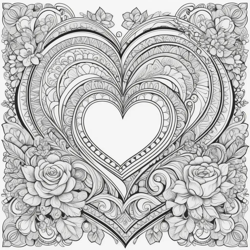 Valentines Day coloring page with a heart and roses