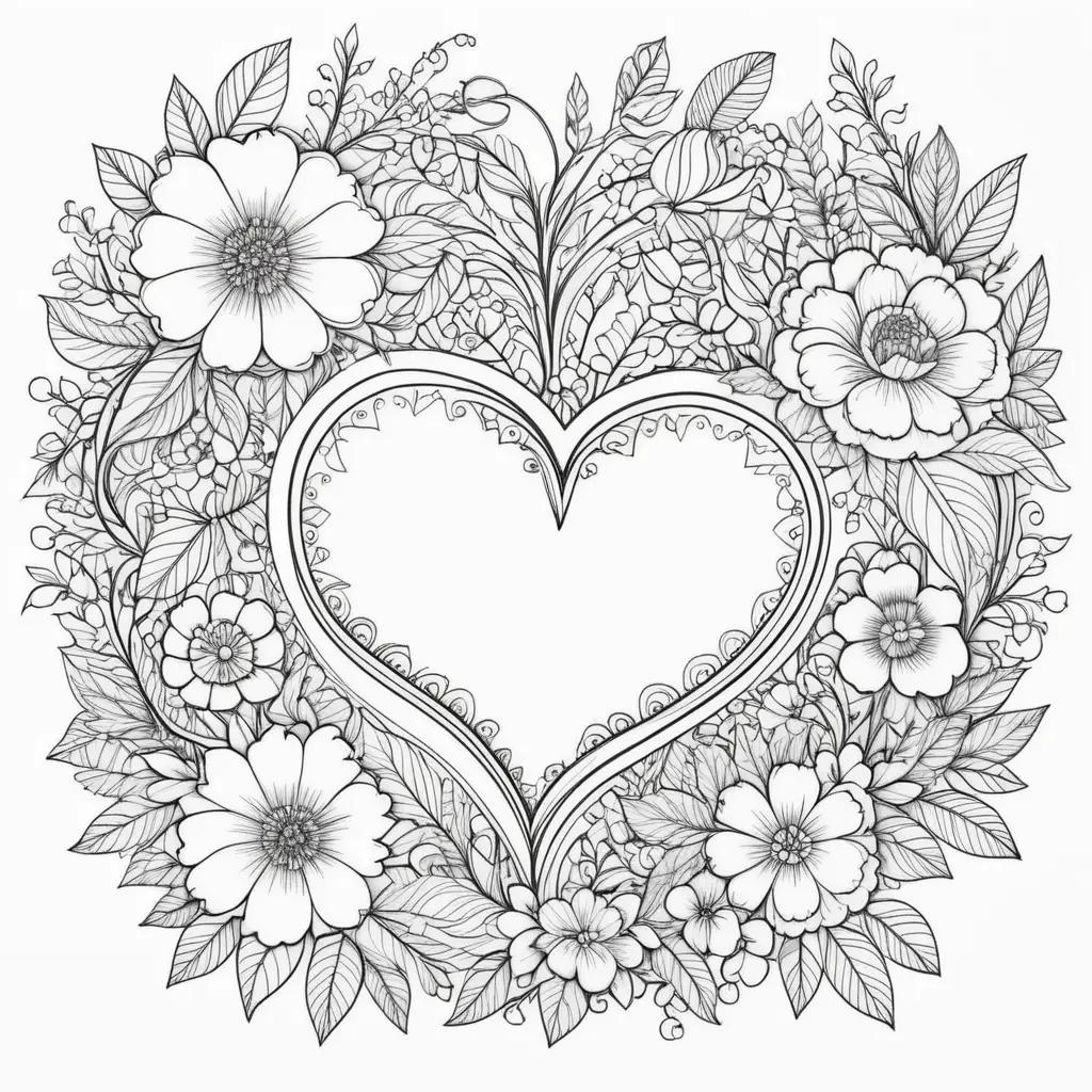 Valentines Day coloring pages featuring flowers and a heart