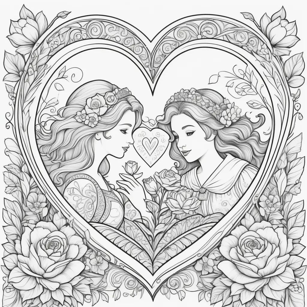 Valentines Day coloring pages featuring two women holding roses and a heart